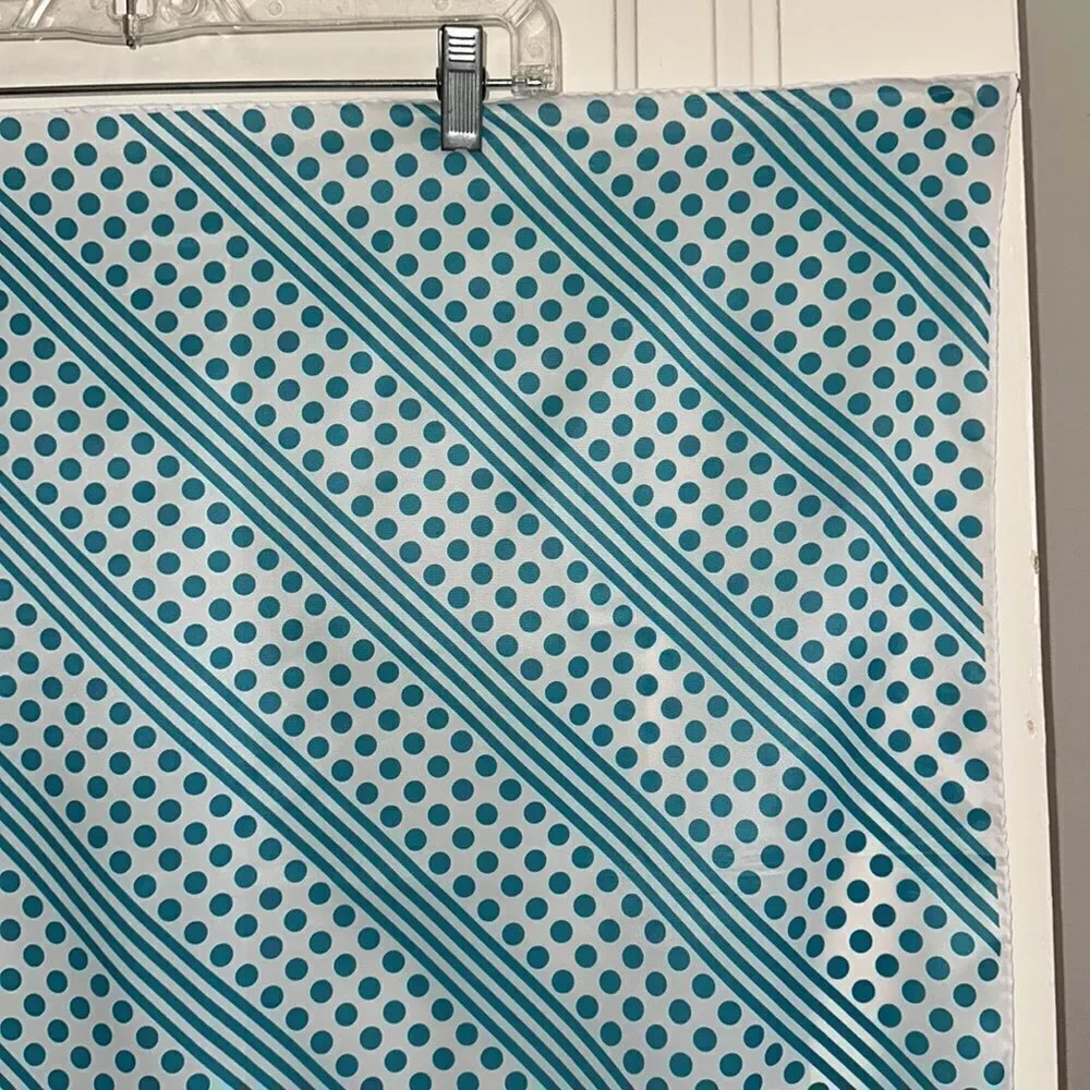 Vtg mid century white polyester‎ square scarf / turquoise stripes & polka dots